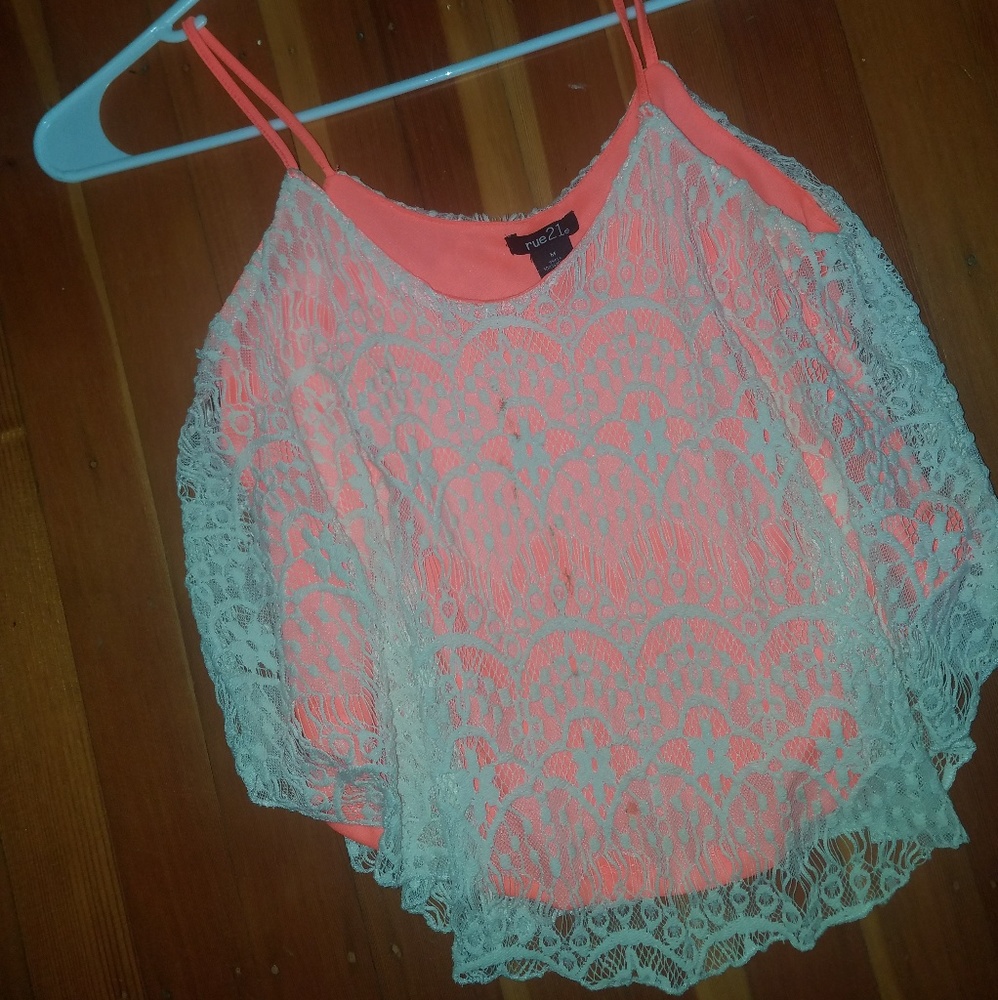 Coral/White Lace Crop Top